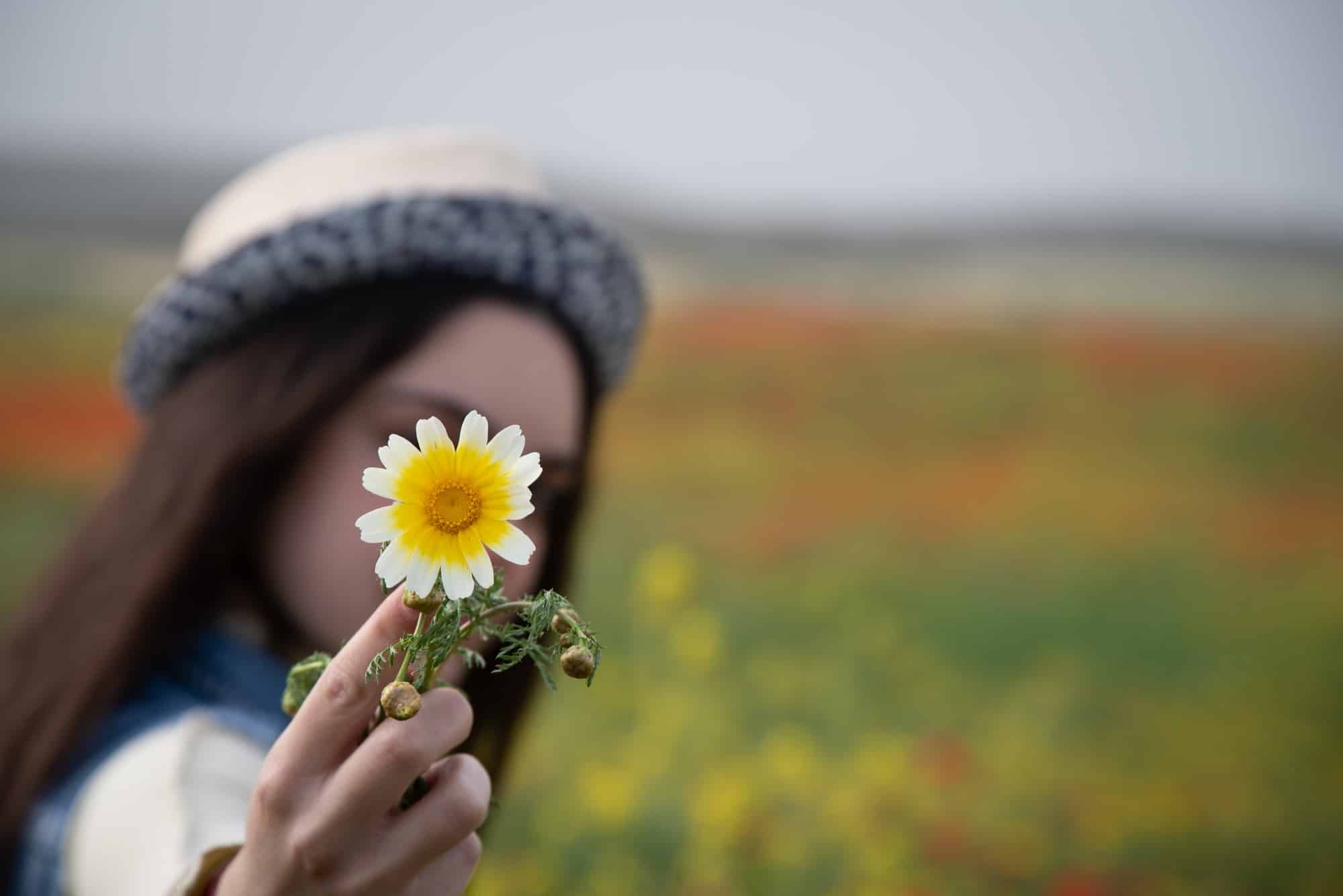 Happy woman holding blooming daisy flower. Spring lifestyle