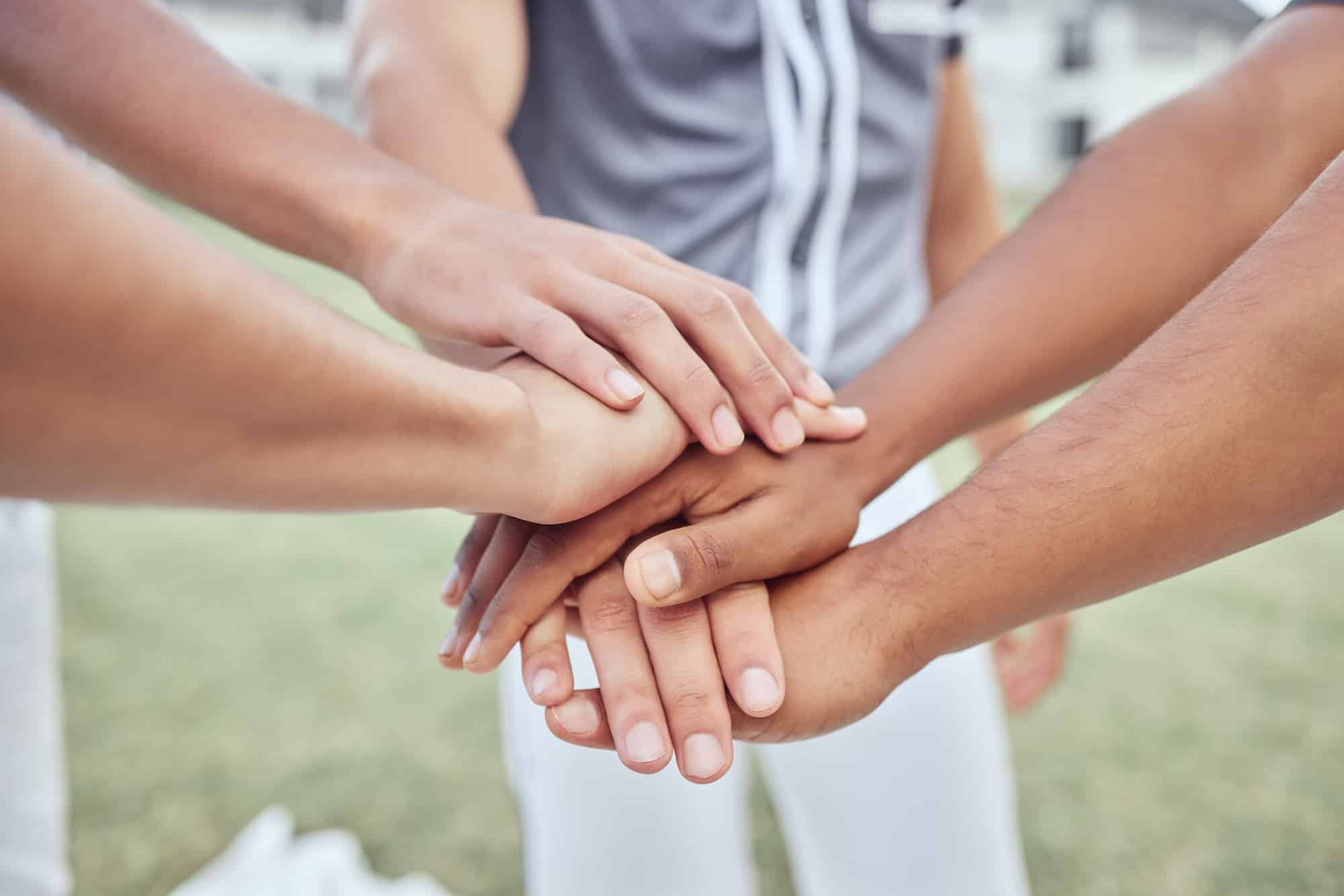 Hands, teamwork or fitness friends with support for motivation, collaboration or team building for
